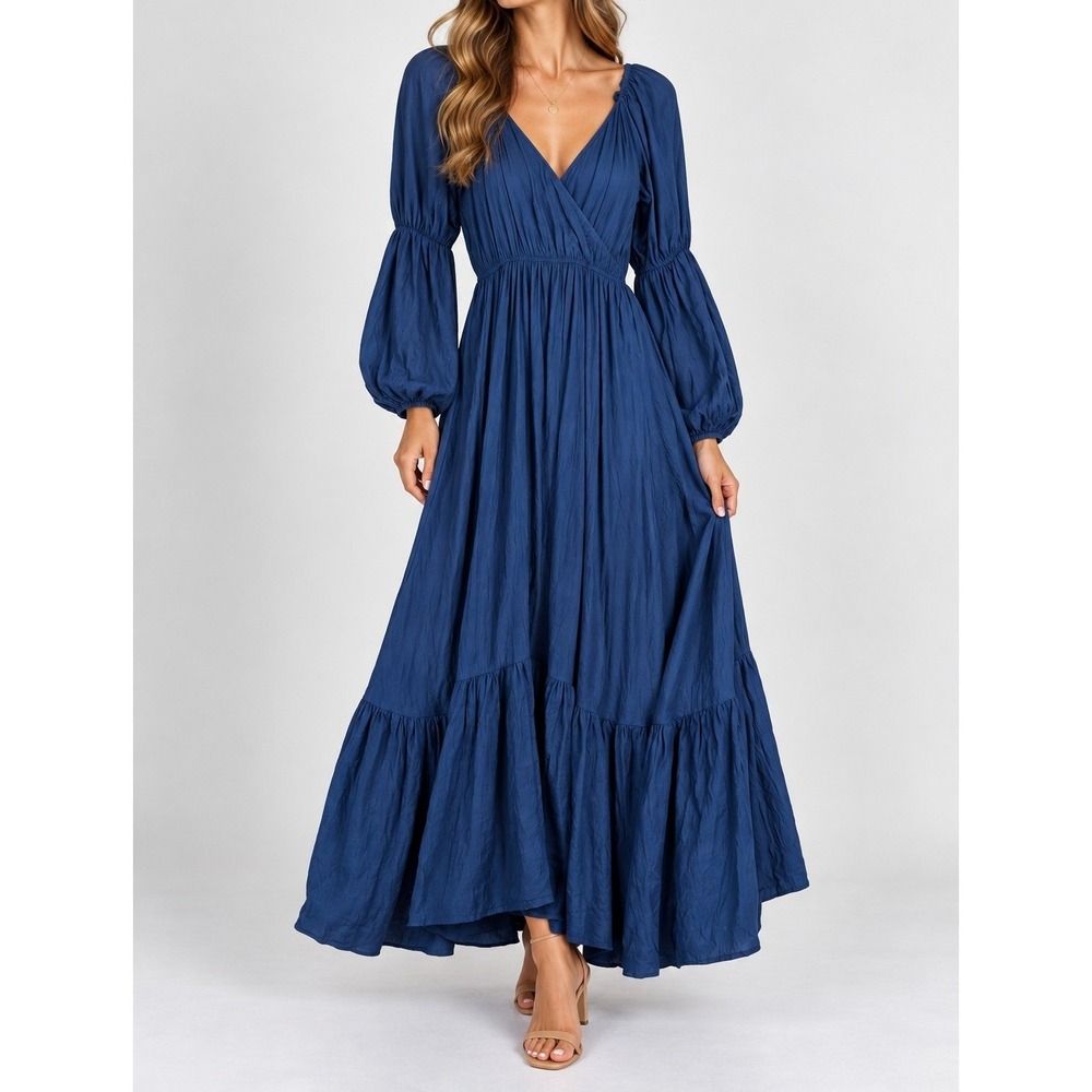 Hudson Gray Navy Blue Wrap Tiered Maxi Dress SLD1503 Small Long Puff Sleeve